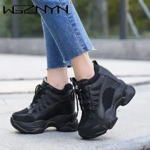 Frühling Frauen Stiefeletten NEUE Mode Winter Damen Plattform 10 cm Hohe Keile Leder Casual Schuhe Frau Chunky Schwarz Turnschuhe