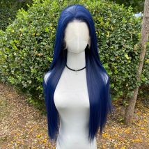 Parrucche anteriori in pizzo sintetico 13X4 blu scuro per le donne Parrucche lunghe in pizzo dritto e scivoloso da 26 pollici Mezza legata a mano Densità del 150% Glueless