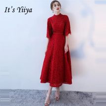 It's Yiiya Maßgeschneidertes Abendkleid mit hohem Kragen, Schnürung, Perlen, halbe Ärmel, A-Linie, Tee-Länge, Übergröße, Damen-Party-formale Kleider