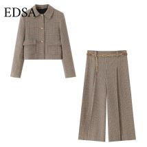 EDSA Frauen Hahnentritt Shorts Hosen Einreiher Abgeschnitten Blazer Jacke Hohe Taille Shorts Hosen mit Gürtel Weibliche Anzüge