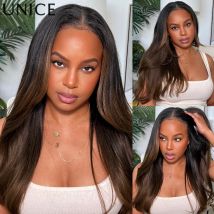 UNice Chestnut Brown Yaki V Part Wig 100% Human Hair Wigs With Drawstring Beginner Friendly Glueless Wig 150% Density