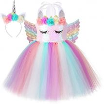 Pastel Flowers Unicorn Costumes for Girls Sequins Birthday Princess Dresses Kids Halloween Christmas Outfit with Wings Horns Bow