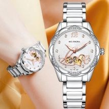 ORKINA Damenuhr, automatisch, mechanisch, Skelett, luxuriös, Diamant-Lünette, leuchtende Zeiger, Keramik-Stahlarmband, Damen-Armbanduhr