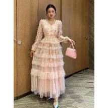 Jamerary Runway Marke Design Blumen stickerei Sommerferien Langarm Abschluss ball Abend kuchen Kleid Frauen Mesh Tüll Spitze Vestidos