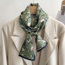 Eleganter grüner Blumendruck-Schal mit langen Bändern für Damen, weiches Satin-Haarband, modisches Halstuch, Damen-Foulard-Stirnband-Griff