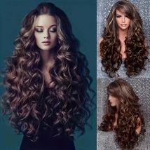 Haarschnitt, lange gewellte Haarperücken für Frauen, flauschige Haarperücken, natürlich aussehende Kunstfaser, lockiges, gewelltes Haar