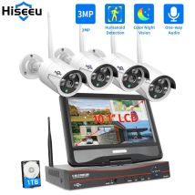Kit Telecamera di Sicurezza Wireless Hiseeu 3MP, Sistema di Sorveglianza CCTV con Telecamera IP Impermeabile da Esterno, Monitor da 10/12 Pollici e NVR a 10 Canali