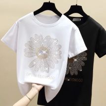 Neue Mode ins heißen Strass lose T-Shirt Frauen Sommer kleine Gänseblümchen Kurzarm Sonne Blume Baumwolle T-Shirt Top