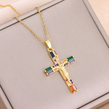 Neue Böhmen Retro Bunte Zirkon Kristall Jesus Kreuz Anhänger Halsketten Für Frauen Vintage Punk Stil Weibliche Hals Kette Schmuck