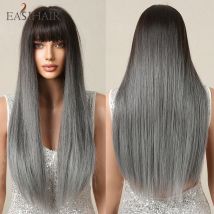 EASIHAIR-pelucas sintéticas largas y rectas con flequillo para mujeres negras, pelo ombré marrón gris ceniza, fibra resistente al calor para fiesta diaria