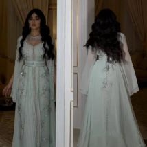 Maßgeschneiderte Chiffon-Applikation mit Pailletten und Perlenstickerei, gerüscht, für Hochzeit, Party, A-Linie, O-Ausschnitt, maßgeschneidertes Anlasskleid, lange Kleider