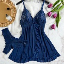 Lace Night Dress And Panty Pijamas Sets Transparent Blue Sexy Lingerie Women's Underwear See Through Sleepwear Female Nightwear