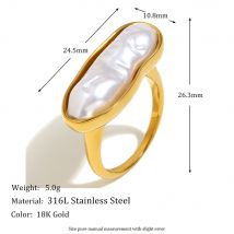 E.B.belle Long Strip Freshwater Pearl Ring 18K Gold Plated Stainless Steel Baroque Waterproof Jewelry Charm