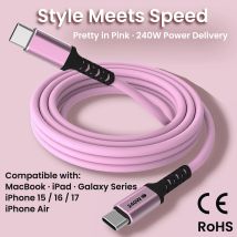 Pink USB-C Cable 240W PD 3.1 Fast Charging for MacBook, iPhone 15/16/17, Galaxy S24, iPad Pro, Durable TPE Cord
