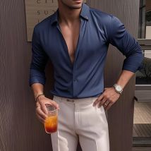 2025 neue Nahtlose Waffel V-ausschnitt Hemd männer Lange Ärmeln Casual Business Kleid Shirts Einfarbig Dünnes Streetwear Sozialen Hemd