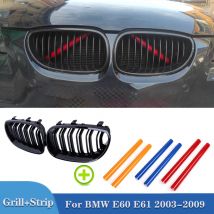 Pulleco Auto-Frontstoßstangengrill, Nieren-Racing-Grill, Gitter, Zierstreifen für BMW E60 E61 5er-Serie 2003–2009, glänzendes Schwarz, Auto