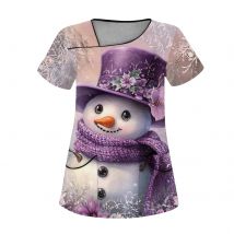 Sanitäruniform für Damen, niedlicher Schneemann, bedruckt, V-Ausschnitt, kurze Ärmel, Taschen aus mikroelastischem Material, Oberteile, klinische Uniformen für Damen