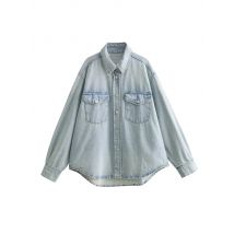 2024 Sommer Neuankömmlinge Damen Revers Drop Schulter Langarm lose Tasche Jeans hemd Freizeit jacke