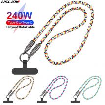 USLION 5A Schnelllade-Typ-C-Datenkabel PD240W Umhängetasche-Umhängeband 120 cm 1,2 m Mobiltelefon 2-in-1 geflochtenes Lanyard-Kabel