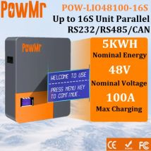 Akumulator PowMr 48V 100AH LiFePo4 5KWH, montowany na ścianie, litowo-żelazowo-fosforanowy, RS485/CAN, BMS 100A, 16S, akumulator do przechowywania energii, możliwość łączenia równolegle.