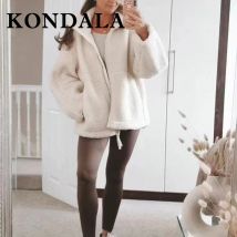 KONDALA 2024 Herbst Winter Teddy Pelz Frauen Casual Mäntel Lose Taschen Weiße Jacke Zipper Elegante Mode Frauen Dicke Jacken