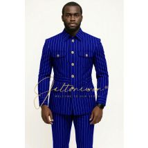 Royal Blue Stripes Business Suits Men Elegant 2 Pieces Jacket Pants Single Breasted Prom Blazers Male Party Clothing Customized