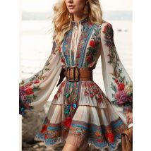 Elegantes Kleid mit Blumenmuster, Laternenärmel, Schnürung, hohe Taille, plissiertes A-Linien-Minikleid, Vintage-Ethno-Minikleider 2025