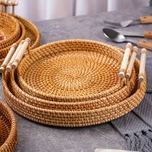 Handgefertigtes Rattan-Tablett mit doppeltem Ohr, Tee- und Obst-Serviertablett, Brot-Snack-Aufbewahrung, gewebter Korb, isolierte Kunstdekoration, Heimdekoration
