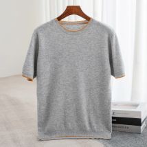 T-shirt da uomo 2024 Estate Nuova canotta lavorata a maglia Moda Color Block Girocollo Pullover Maglione 100% pura lana a maniche corte