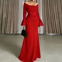 Lady Elegant Off Shoulder High Waist Dress Autumn Flared Sleeve Temperament Long Dress Casual Patchwork Slim Solid Evening Dress