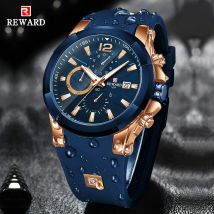 REWARD Roségold Blau Quarz Armbanduhren Silikon Uhrenarmband mit Box Leuchtzeiger Chronograph Uhren Uhr Mann