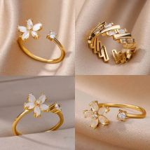 Opal Blume Ringe Für Frauen Zirkonia Öffnung Edelstahl Blume Ring Hochzeit Floral Ästhetischen Schmuck anillos mujer