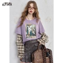 ELFSACK 2025 Y2K Langarm-Oberteil für Damen Romantisches Loses Rundhals-Langarmshirt mit Fake-Zweiteiler-Optik und Rüschenärmeln Niedliches Bedrucktes Oberteil