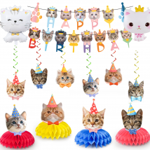 Cat Hanging Swirls Decorations Banner, 27 Pcs Birthday Party Decorations-Cat Party Honeycomb Centerpieces Banner Hanging Swirls