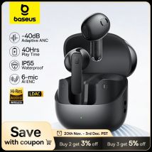 Baseus Bass BS1 NC -40dB Bezprzewodowe słuchawki douszne z adaptacyjnym redukcją szumów ANC w czasie rzeczywistym, Bluetooth 6.0, półotwarte słuchawki, audio Hi-Res LDAC, 6-mikrofonowe AI ENC