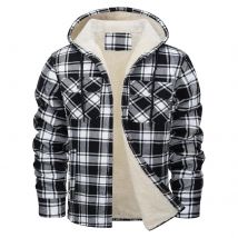 Dicke warme Flanell-Kapuzenjacke für Herren, Sherpa-Fleece-gefüttert, Wintermäntel, Knopfleiste, modisch, lässig, kariertes Hemd, Jacke mit Tasche