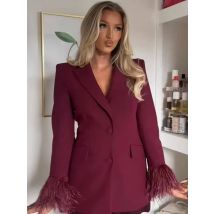 Women Autumn Winter Feathers Women Blazer Pants Suit Lapel Button Coat Straight Wide Leg Trousers Lady Set Female Outfits