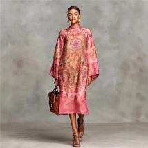 Women's Autumn Retro Loose Dress Women Long Sleeve Bohemian Flower Print Side Split Long Robe Vestidos