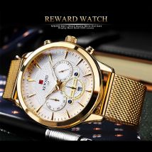 REWARD Business Watches Quartz Movement Fashion Men Gold Stainless Steel Watch Luxury Calendar Quartz Wrist Watch