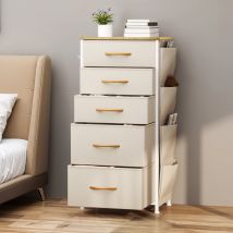 YITAHOME Comò in tessuto a 5 cassetti con tasche laterali e ganci - Struttura in metallo e piano in legno per camera da letto, cameretta, corridoio (Beige)