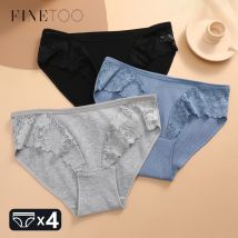 FINETOO 4 szt./zestaw Damskie majtki bawełniane, seksowne figi z niskim stanem, modne damskie majtki z koronkowymi wstawkami, kwiatowe, jednolite, bielizna S-M
