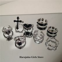 Punk Harajuku Goth Spine Nero Argento Colore Cuore Irregolare Croce Anello Aperto Per Le Donne Degli Uomini Amante Vintage anni '90 Y2K Grunge Jewely