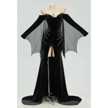 Meowcos Halloween Gothic Fledermaus Stil Kleid Frauen schwarzes Kleid mit Halskette und Schulter gurten Cosplay Kostüm