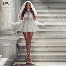 LORIE abiti da sposa in pizzo glitterato a-line lunghezza al ginocchio collo alto Applique abito da sposa Arabia saudita abito da sposa guanto personalizzato