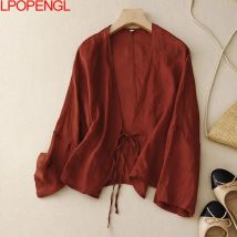 Modische Sonnenschutzjacke aus Baumwolle und Leinen, 2025, Sommer, literarische Retro-Schnür-Strickjacke, Damen, locker, einfarbig, V-Ausschnitt, Top, Flut