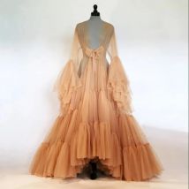 Braut-Boudoir-Kleid, Tüll-Illusion, sexy Trompetenärmel, langer Anzug, individueller Bademantel, individuelle Größe