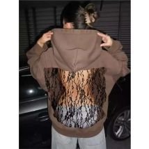 Streetwear Fashion Hoodie Woman's Sexy Solid See Through Backless Sweatshirt Autumn Winter Ladies Lace Splicing Fleece Pullover