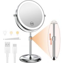 Specchio per il trucco da 8 pollici con lampada luminosa ingrandimento 10X 3 luci colorate, specchio cosmetico in piedi con luminosità regolabile in altezza