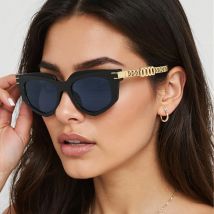 Vintage-Sonnenbrille für Damen, hochwertige modische schwarze goldene Kettenbrille mit dunklen Gläsern, schlichte Design-Brille für Damen
