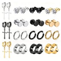15 Paar runde Punk-Ohrstecker aus Edelstahl, Creolen mit Gothic-Kreuz-Anhänger für Männer, Street Hip Hop Ohrschmuck